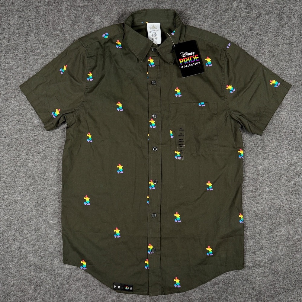 Disney Pride Shirt Mens XS Green Rainbow Mickey Mouse Short Sleeve Button Up NWT